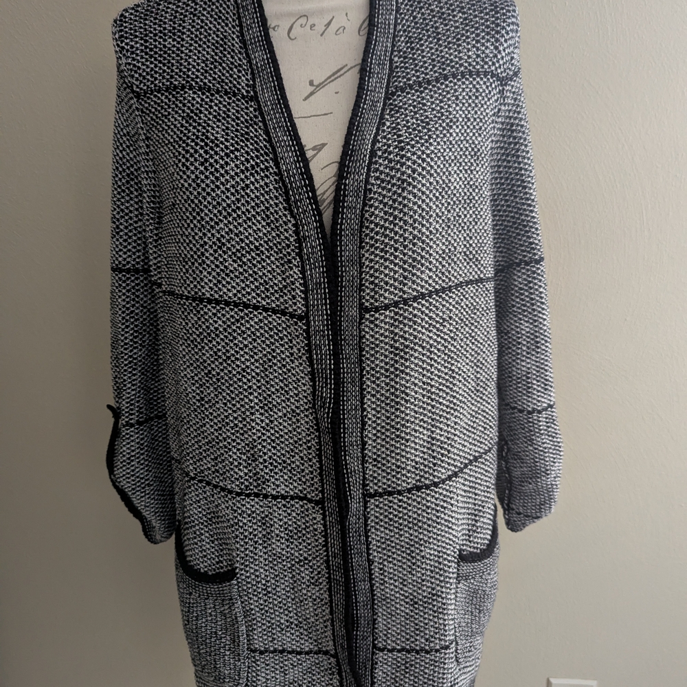 Chico's Black and Gray Cardigan Sweater with Textured Knit